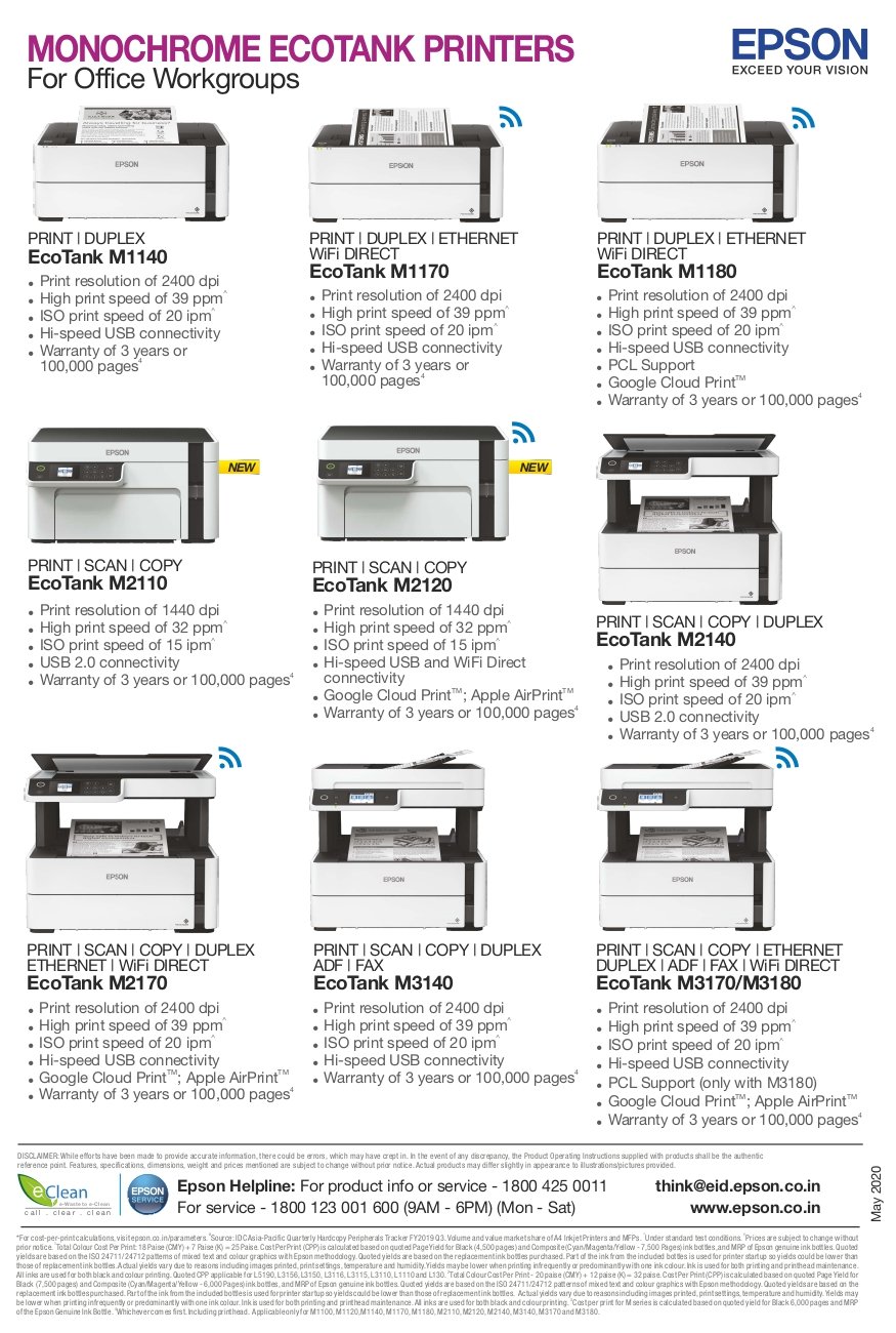 Epson Ecotank Printer Comparison Chart